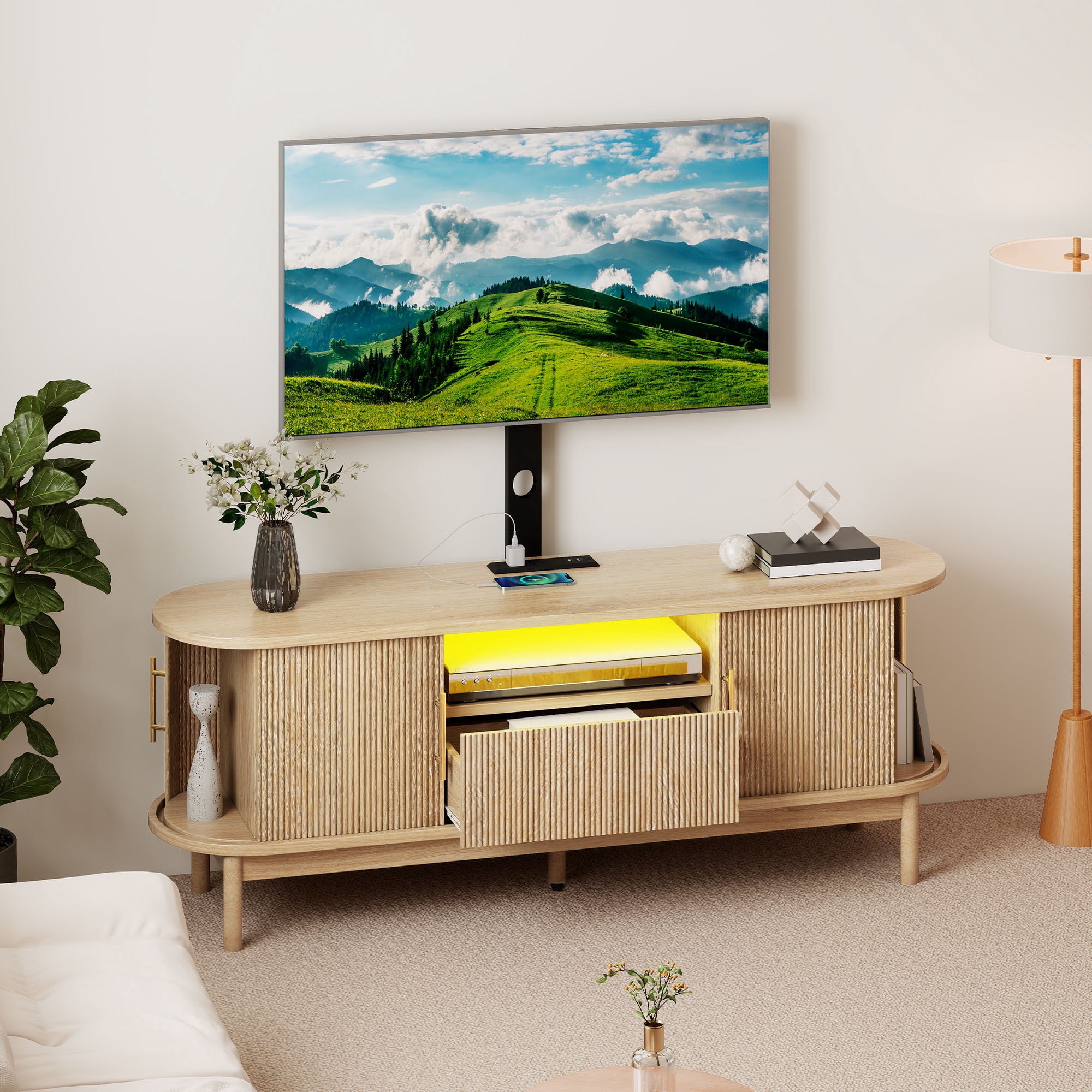 Uforic 60 Inch Modern Fluted TV Stand with Adjustable TV Mount, Fits 32-70 Inch TVs, for Living Room, Beige