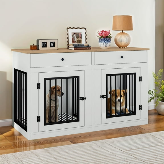 Uforic 60" Wooden Dog Crate Furniture, Double Lockable Door Kennel with Drawers & Removable Divider, Indoor Dog Cage , White