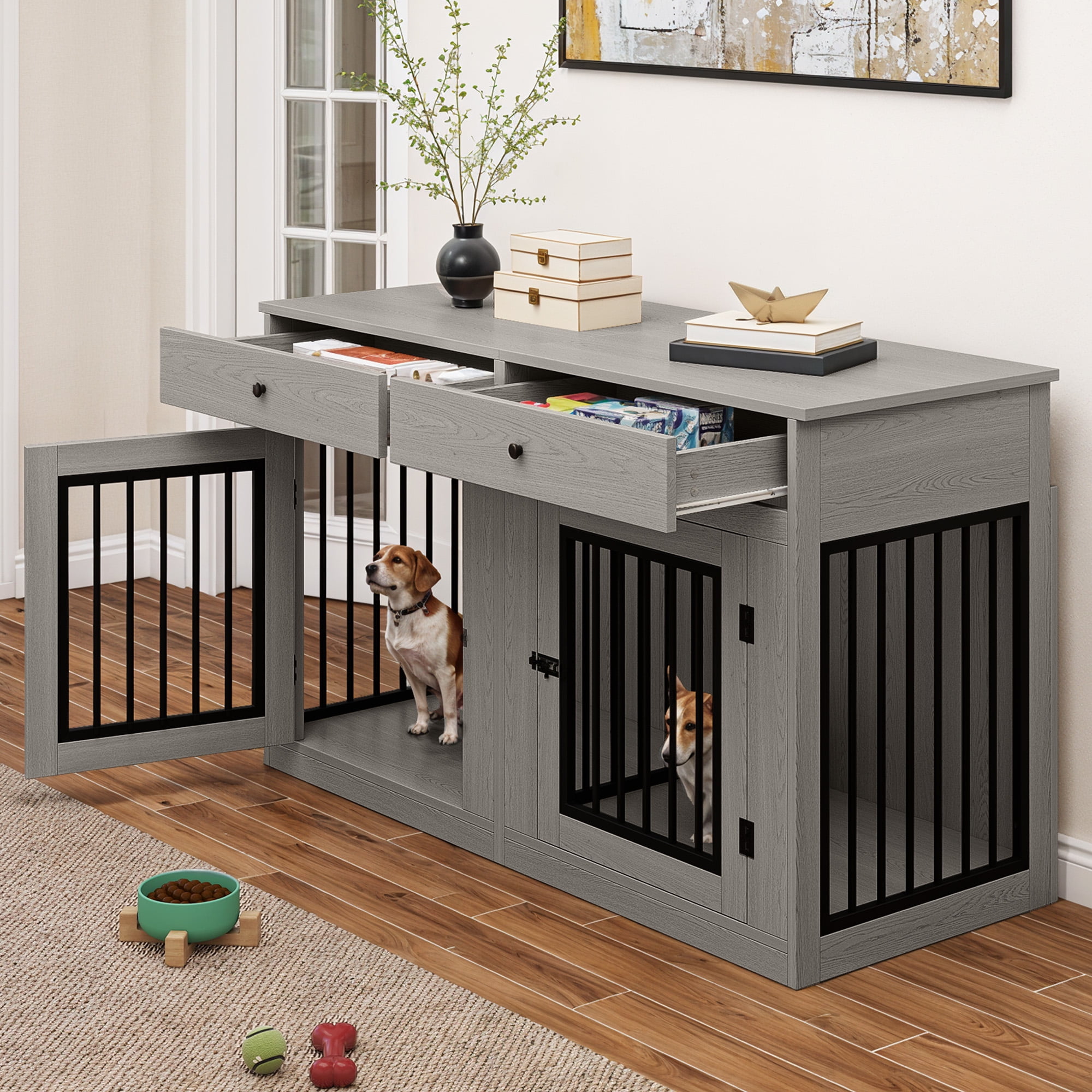 Uforic 60 in Large Double Dog Crate Furniture with Removable