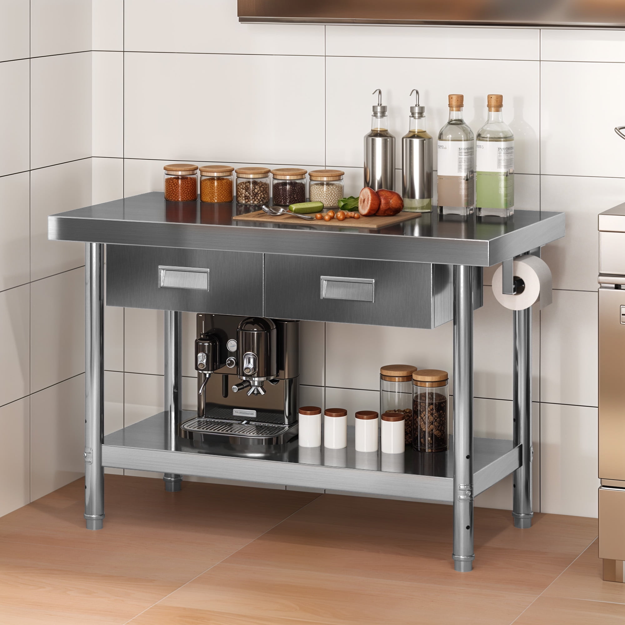 Uforic 60" x 24" Stainless Steel Table with 2 Drawers, Adjustable Storage Shelf, Paper Towel Holder, NSF Work Table for Restaurant, Garage, Patio
