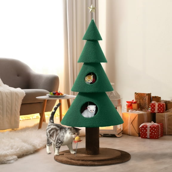 Uforic 60in Christmas Cat Tree, 2-Tier Festive Tall Cat Tower Furniture, 5ft Christmas Tree Party Decoration with Cat House and Bed