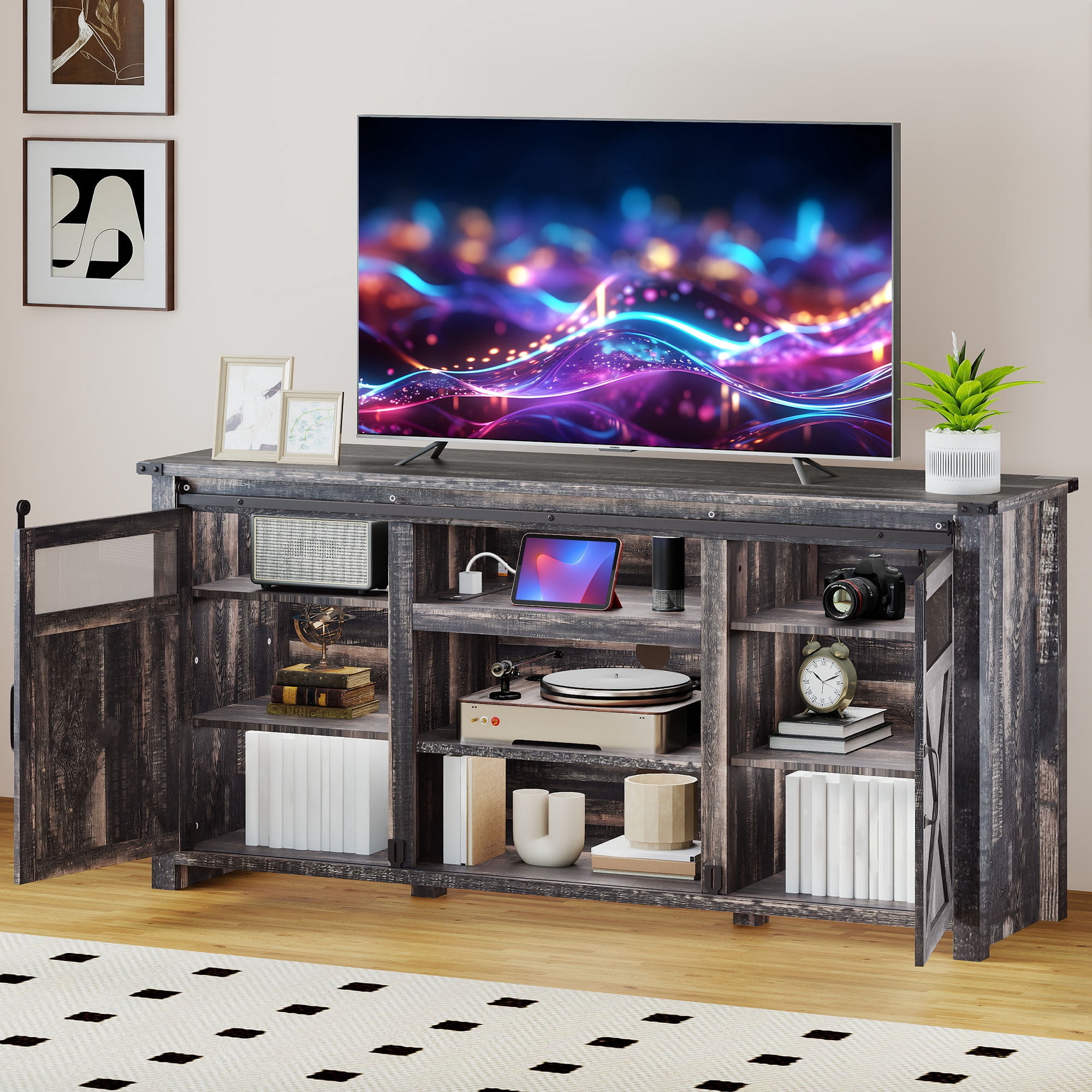 Uforic 60in Farmhouse TV Stand with Power Outlet, Storage Drawers,Dark Wood Grain