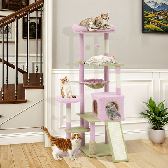Uforic 61" Flower Cat Tree,Cat Tree Cute with Scratching Posts Tower with 3 Sisal Scratching Posts & Hammock for Medium Indoor Cats, Pink