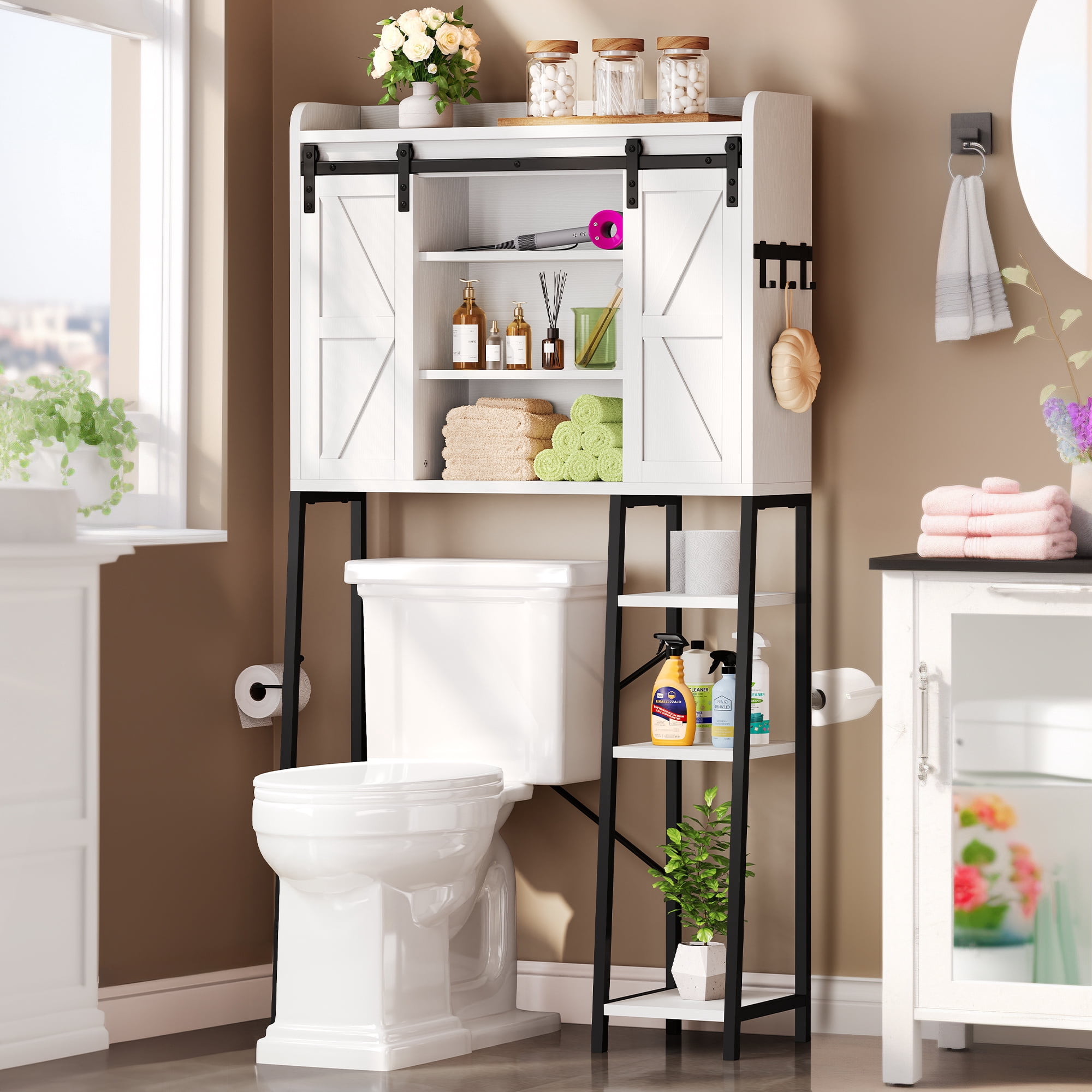 Uforic 61" Heavy-Duty Over The Toilet Storage Cabinet, 3-Tier Freestanding Organizer with Sliding Barn Door, 4 Open Shelves & Tissue Holder, White