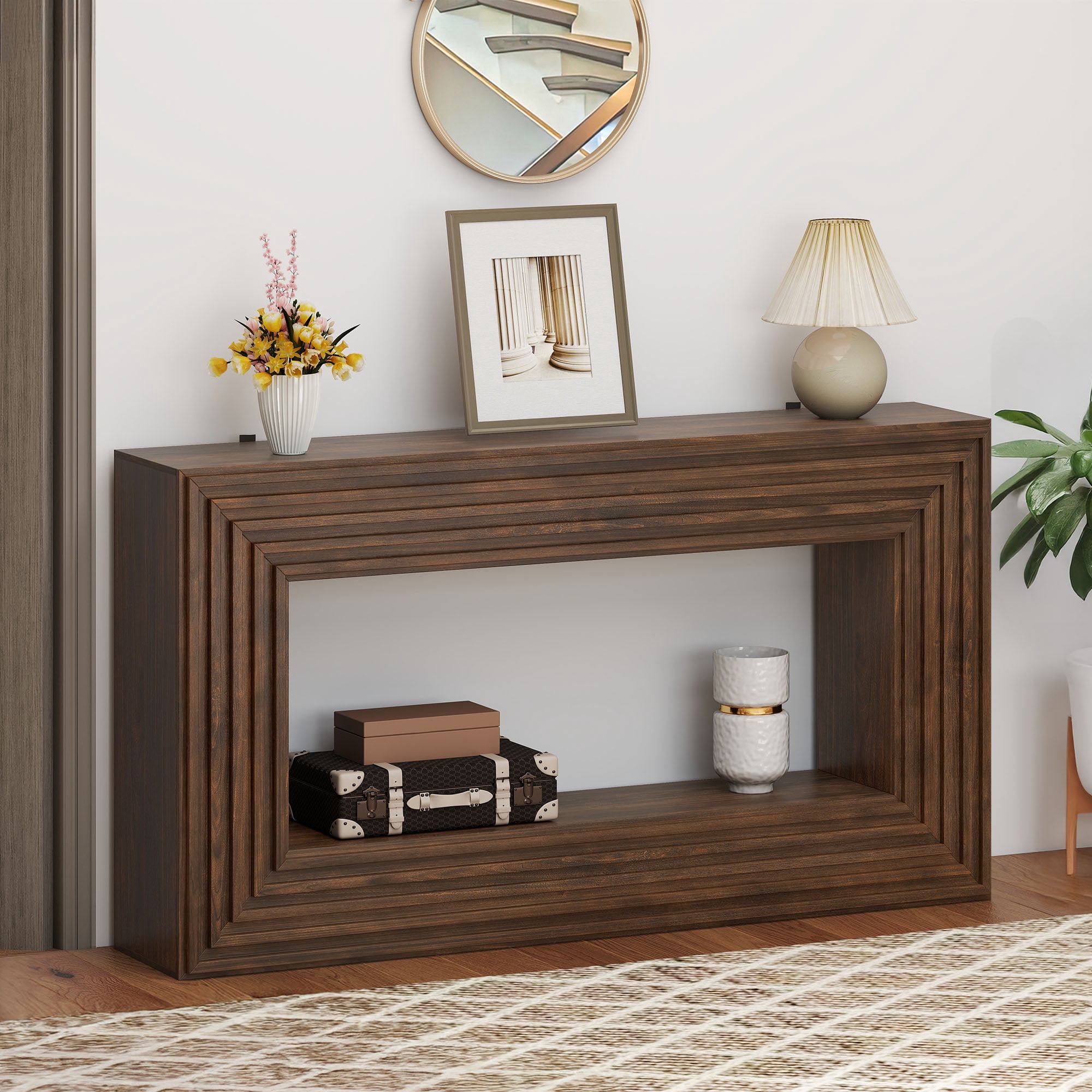 Uforic 61"W Console Table with Open Storage Shelf for Living Room,  Rustic Entryway Table, Brown
