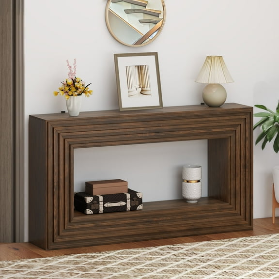 Uforic 61"W Console Table with Open Storage Shelf for Living Room, Rustic Entryway Table, Brown