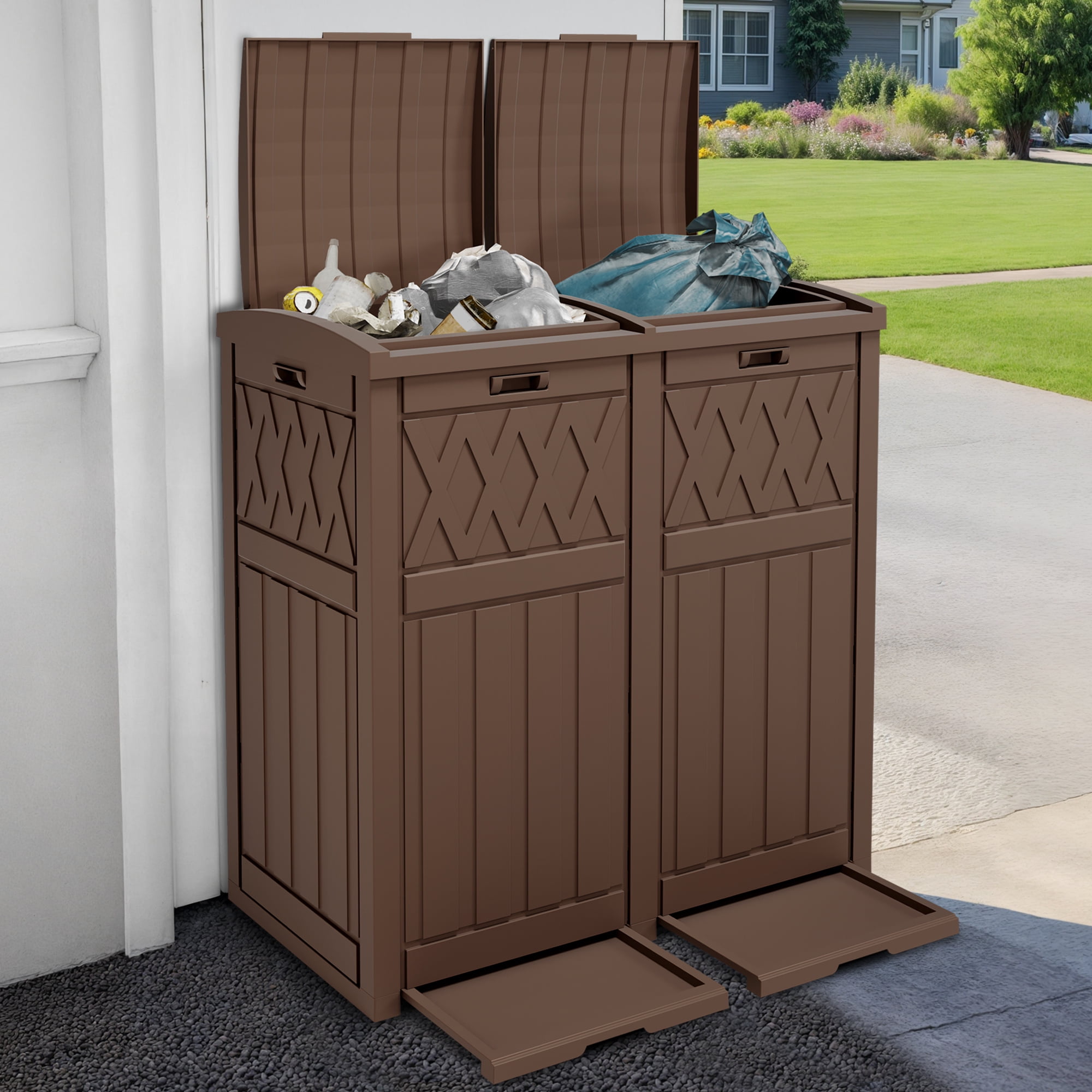 Uforic 62 Gallon Double Compartment Outdoor Trash Can, Waterproof Resin Garbage Bin with Tiered Lid & Drip Tray for Patio, Deck, Backyard, Dark Brown