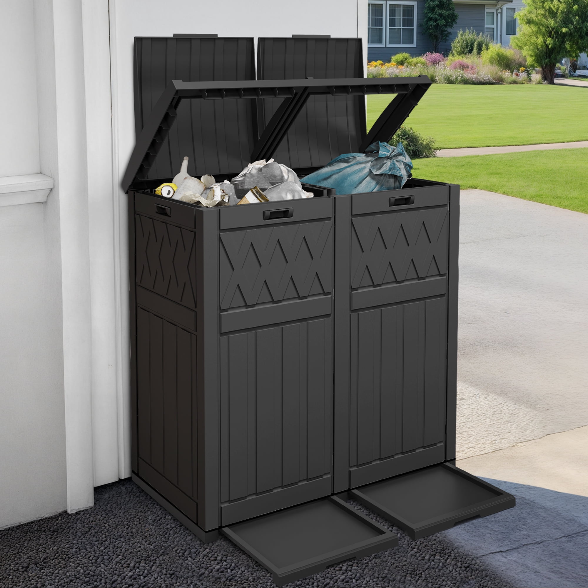 Uforic 62 Gallon Double Compartment Outdoor Trash Can, Waterproof Resin Garbage Bin with Tiered Lid and Drip Tray for Patio, Deck, Backyard, Black