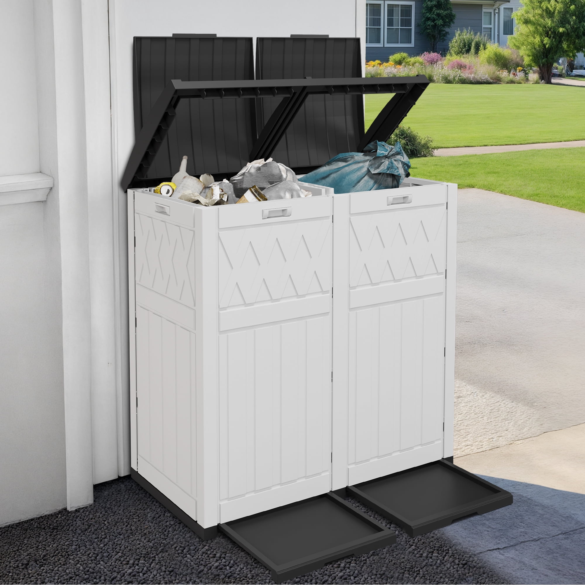 Uforic 62 Gallon Double Compartment Outdoor Trash Can, Waterproof Resin Garbage Bin with Tiered Lid and Drip Tray for Patio, Deck, Backyard, White
