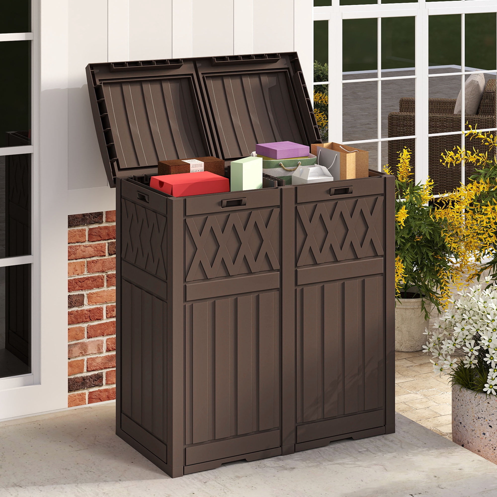 Uforic 62 Gallon Dual Compartment Outdoor Garbage Bin, Waterproof Resin Trash Can with Tiered Lid & Drip Tray for Patio Deck Backyard, Dark Brown