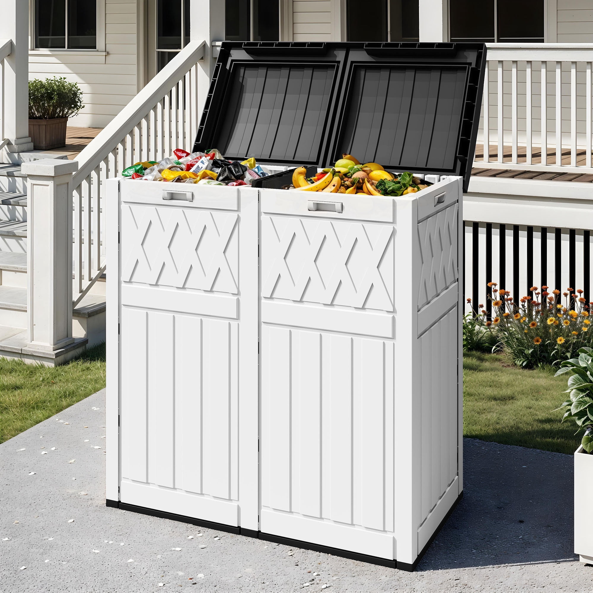 Uforic 62 Gallon Dual Compartment Resin Outdoor Trash Can with Layered Lid & Drip Tray, Waterproof Garbage Bin for Patio Backyard Deck, Black & White
