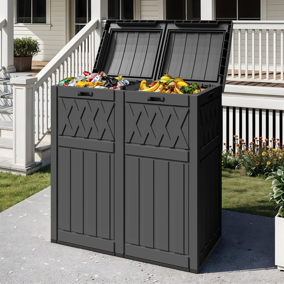Uforic 66 Gallon Double Compartment Outdoor Trash Can, Waterproof Resin with Lid & Drip Tray, Black
