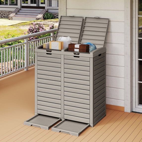 Uforic 62 Gallon Large Outdoor Dual Compartment Trash Can, Waterproof Resin Garbage Bin with Lid & Drip Tray, Hidden Waste Container for Patio Porch Backyard, Light Brown