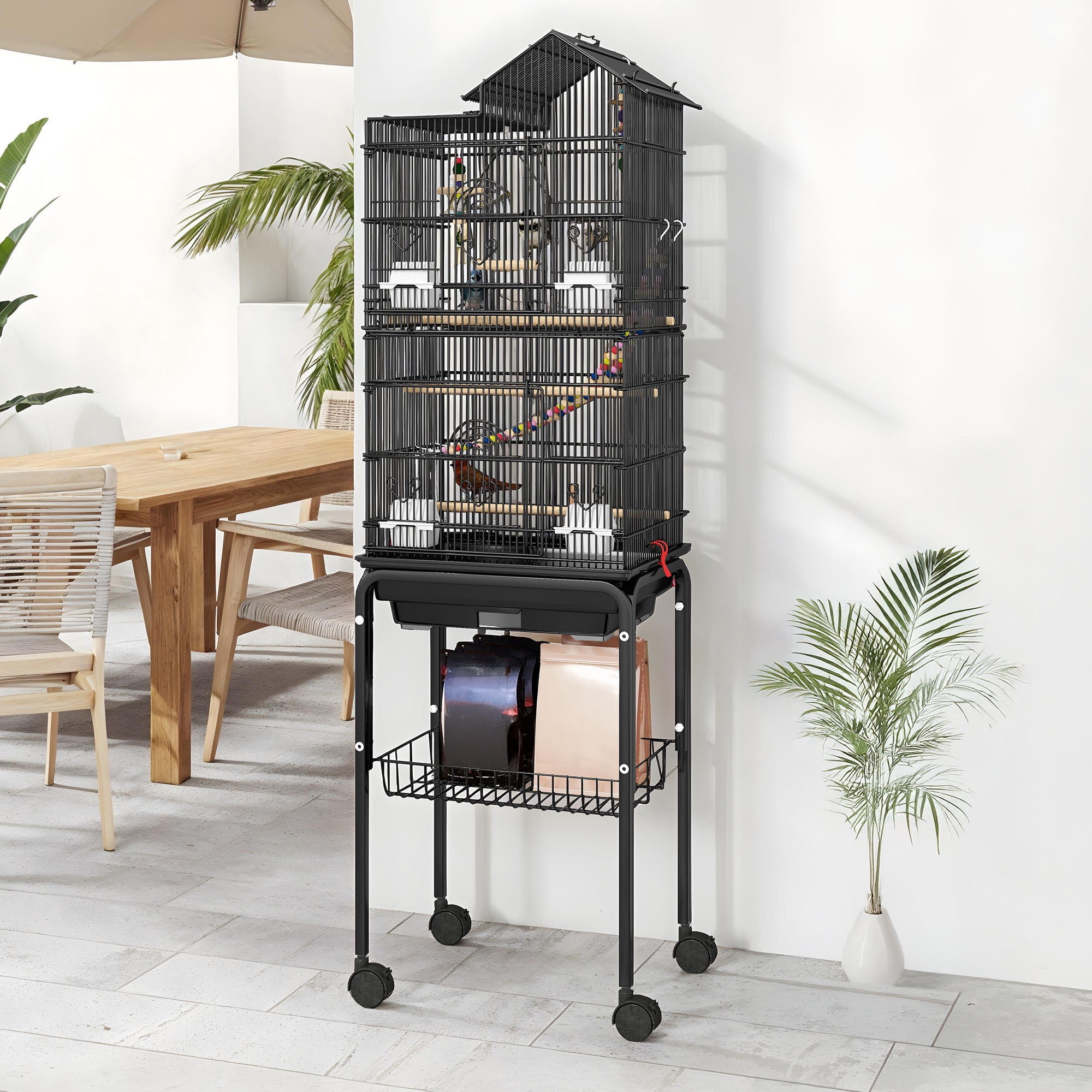 Uforic 62" Large Metal Bird cage with Rolling Stand, Slide-Out Tray,3 Perches and 4 Feeders, Black