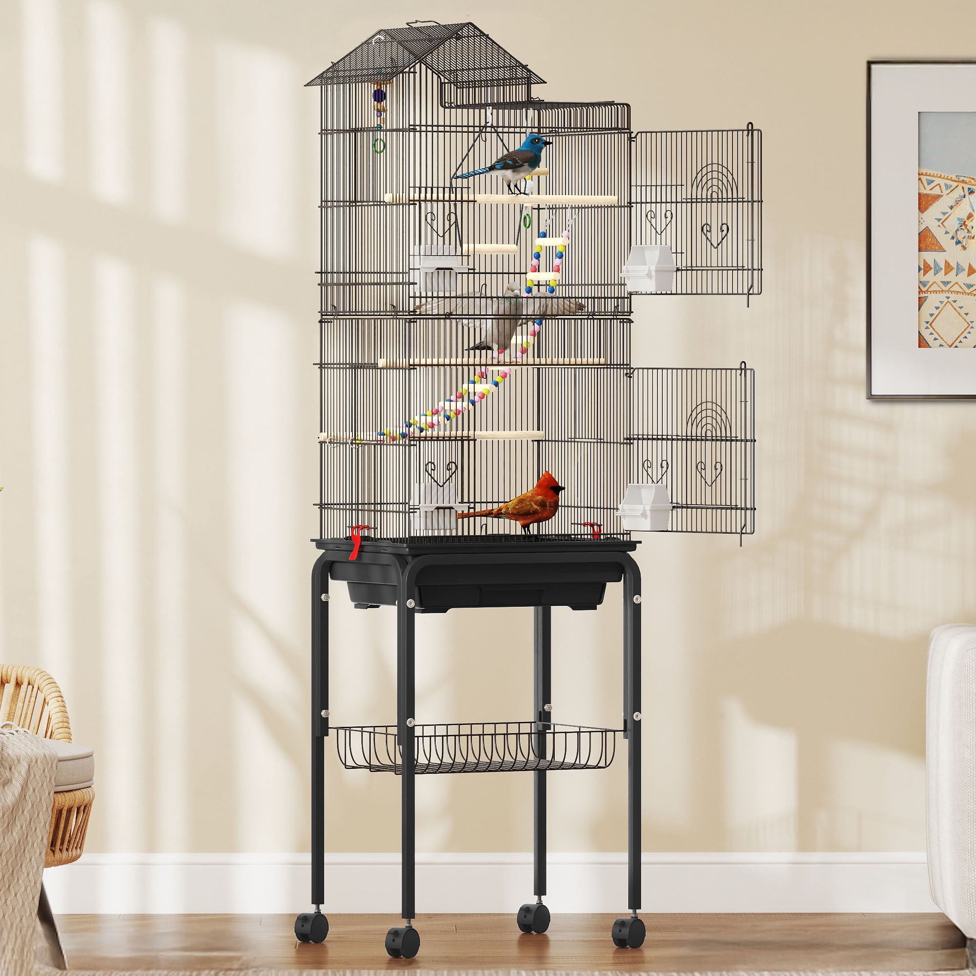 Uforic 62" Large Metal Bird cage with Rolling Stand, Slide-Out Tray,3 Perches and 4 Feeders, Black