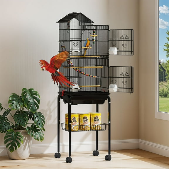 Uforic 62" Metal Birdcage with Rolling Stand and Castor Wheels, Large Parrot Cage with 3 Perches and 4 Feeders, Slide-Out Tray, Black