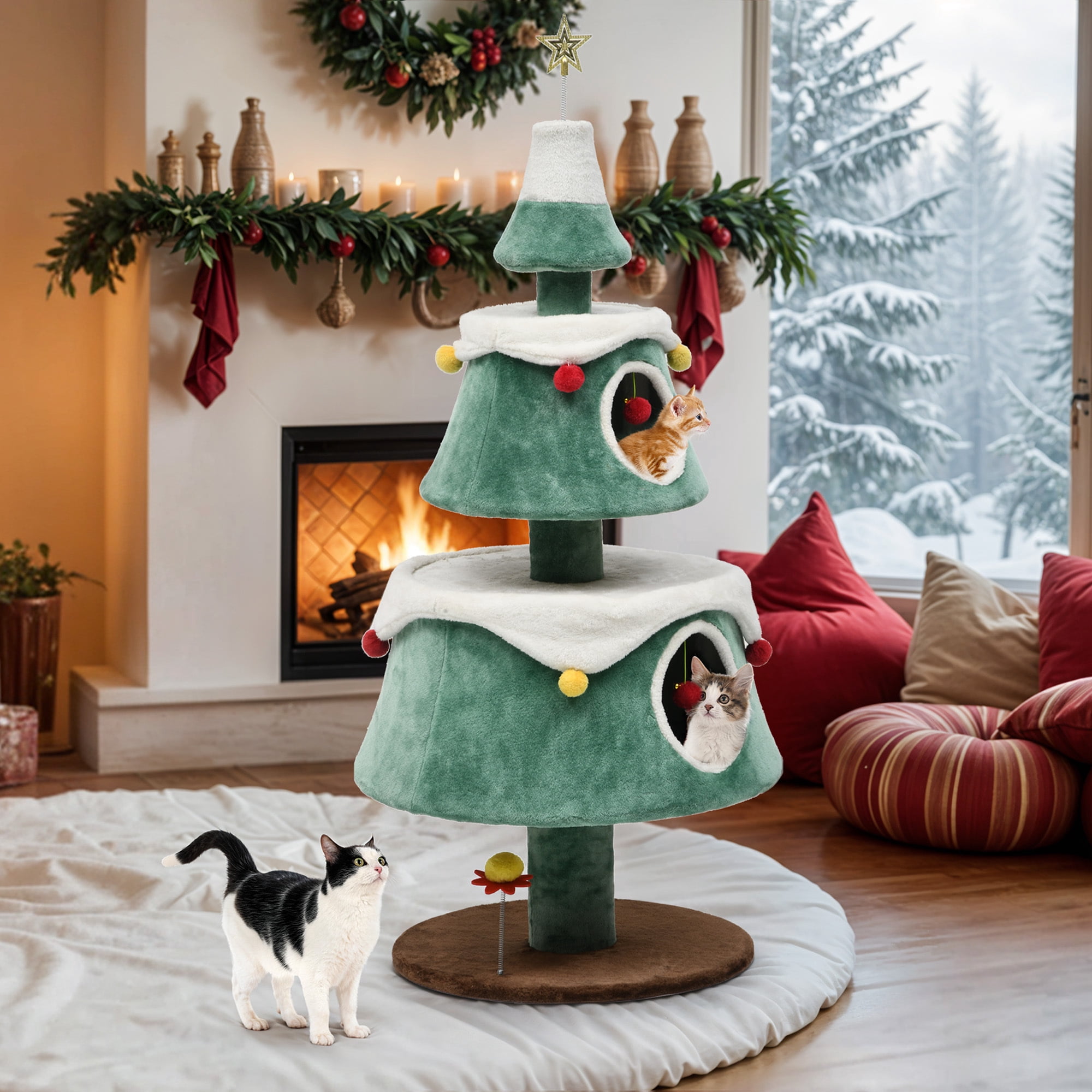 Uforic 63" H Large Christmas Cat Tree,2 Cat House with Plush Ball, Green+White