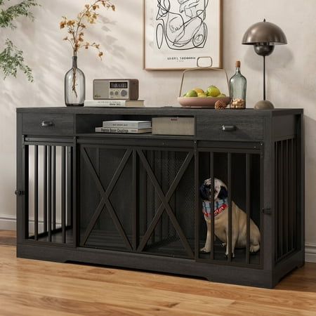 Uforic 63-Inch Dog Crate Furniture,TV Stand with Charging Station,Dog Kennel with Double Sliding Barn Door - Dark Gray