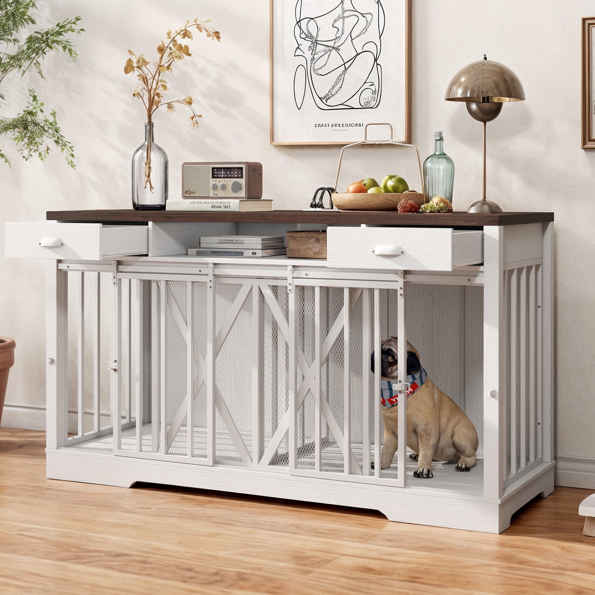 Uforic 63-inch Dog Crate Furniture,TV Stand with Charging Station,Dog Kennel with Double Sliding Barn Door - White
