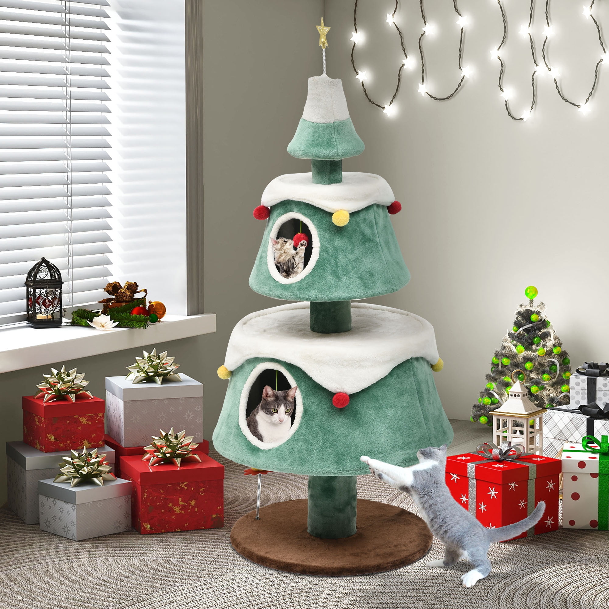 Uforic 63 Inch Festive Multi-Tier Cat Tree Tower with 2 Semi-Closed Rest Condos, Hanging Plush Interactive Toys for Small Medium Cats