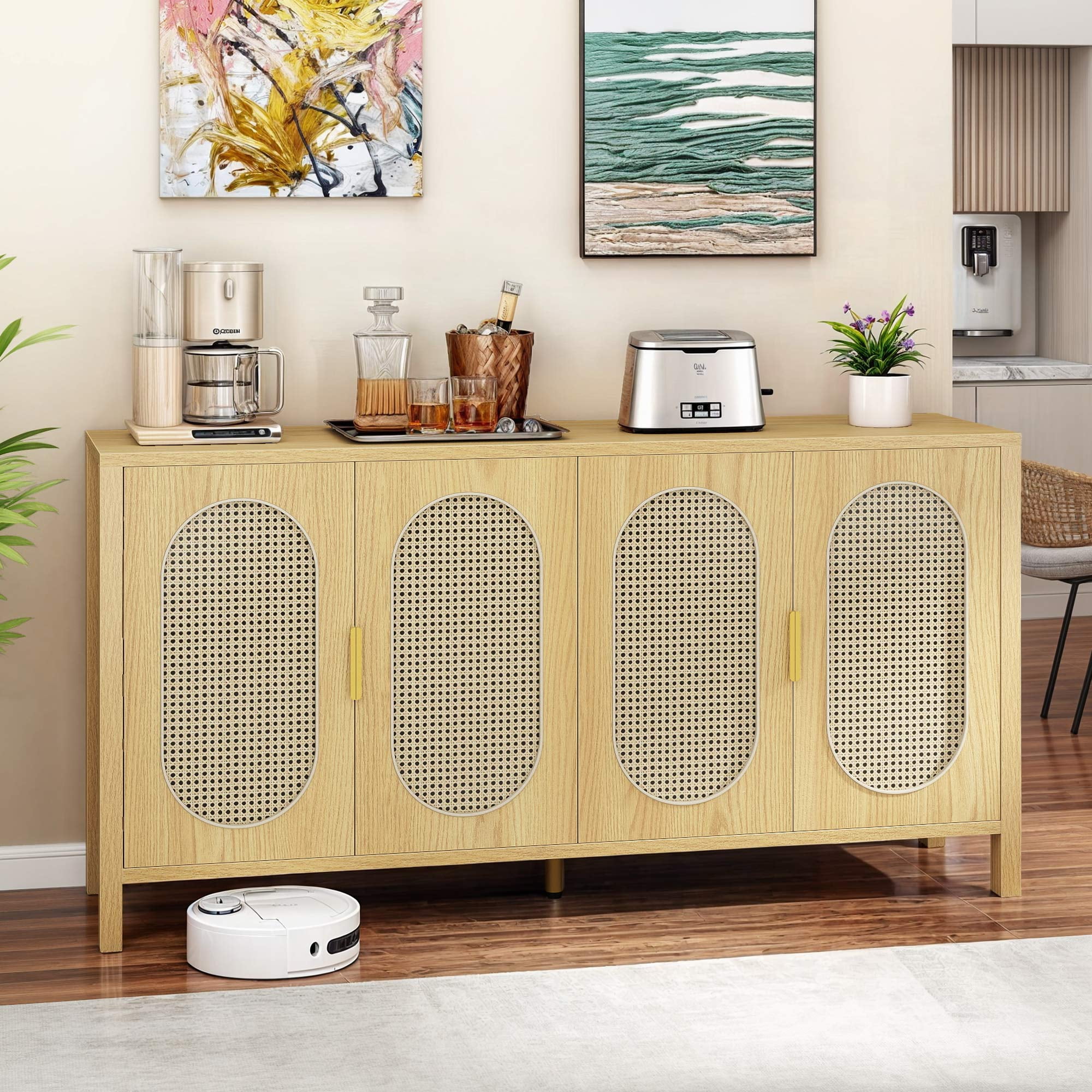 Uforic 63" Kitchen Buffet Sideboard Cabinet with Doors & Shelves, Bohemian Storage Cabinet, Yellow