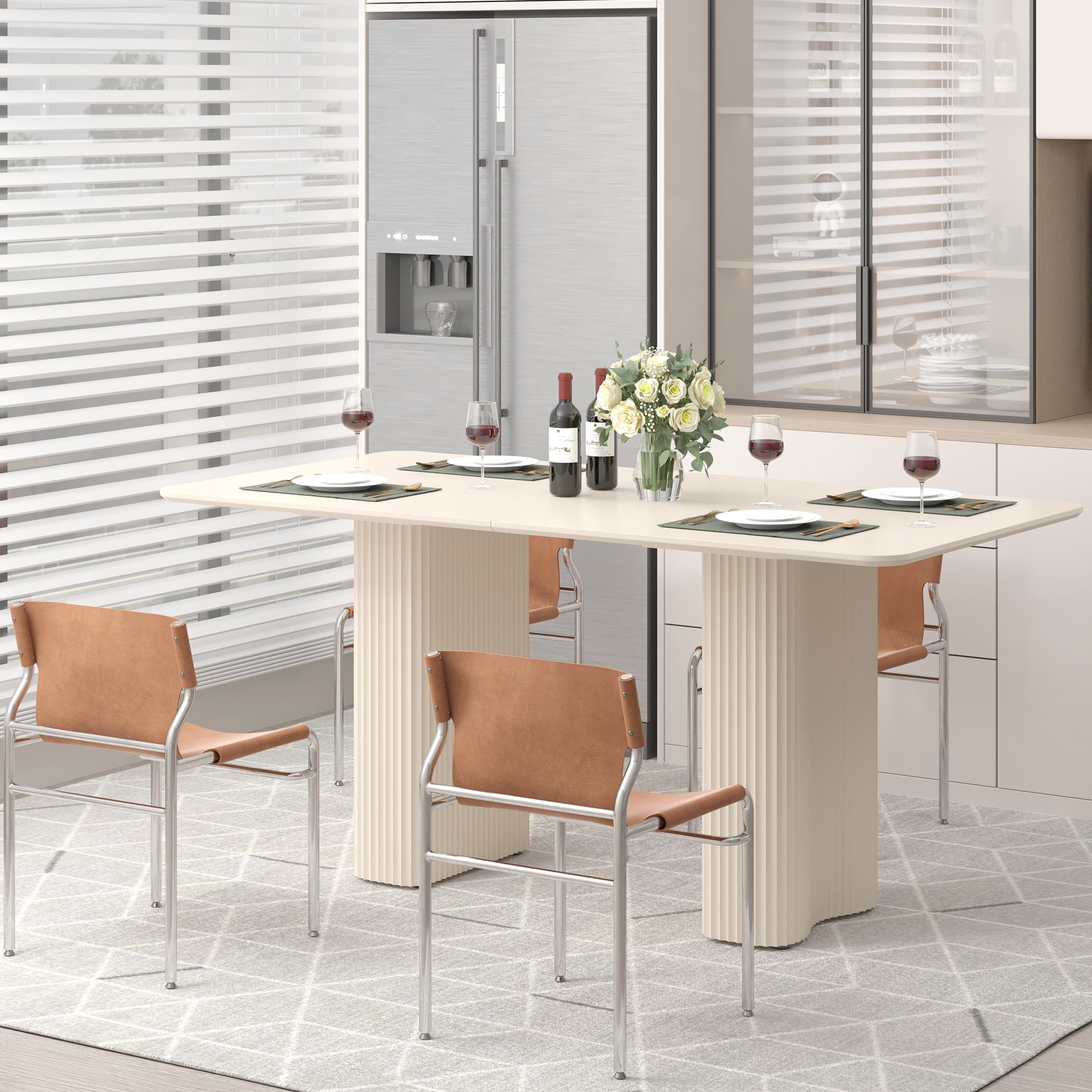 Uforic 63 " Modern Dining Table with Curved Wave Legs, Cream White Rectangular Kitchen Table for 4-6 Person, Dining Room Table for Gathering, Kitchen, Dining Living Room