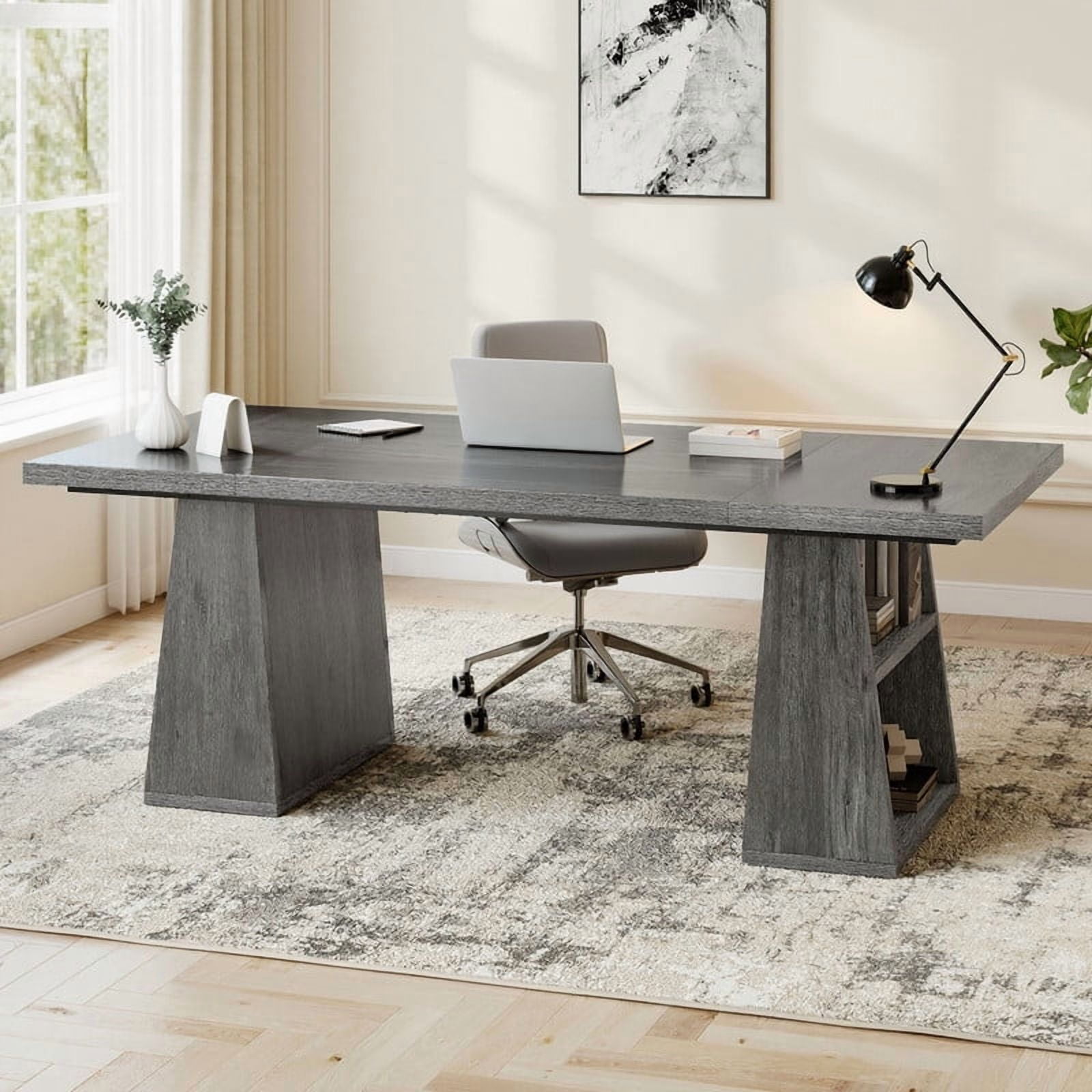 Uforic 63 inches Executive Desk with Double Pedestal and Storage Shelves, Home Office Desk Computer Desk Conference Table, Gray