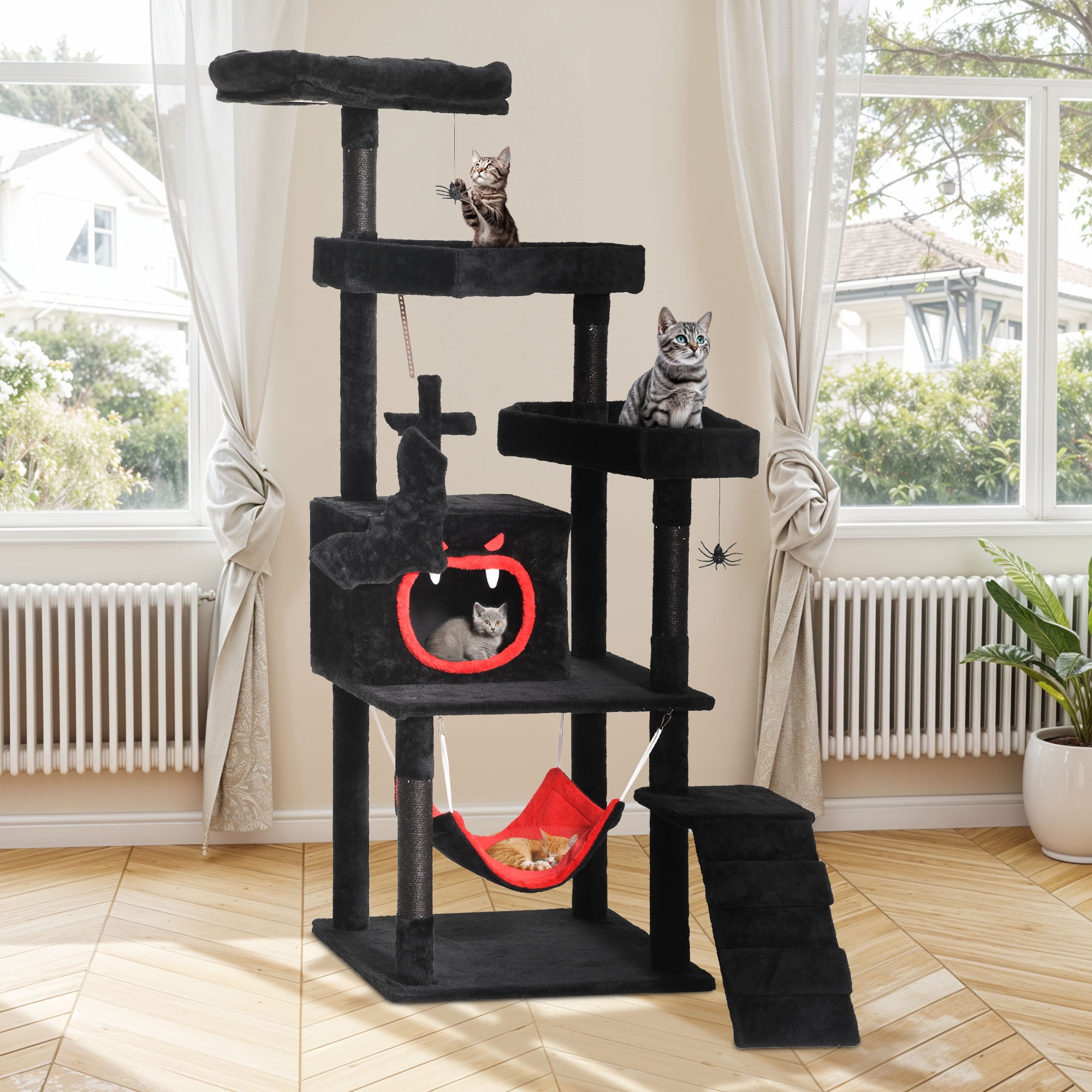 Uforic 63in Gothic Cat Tree with Coffin Bed, Tall Halloween Cat Tower for Indoor Cats with Top Perch & Sisal Scratching Posts, Black