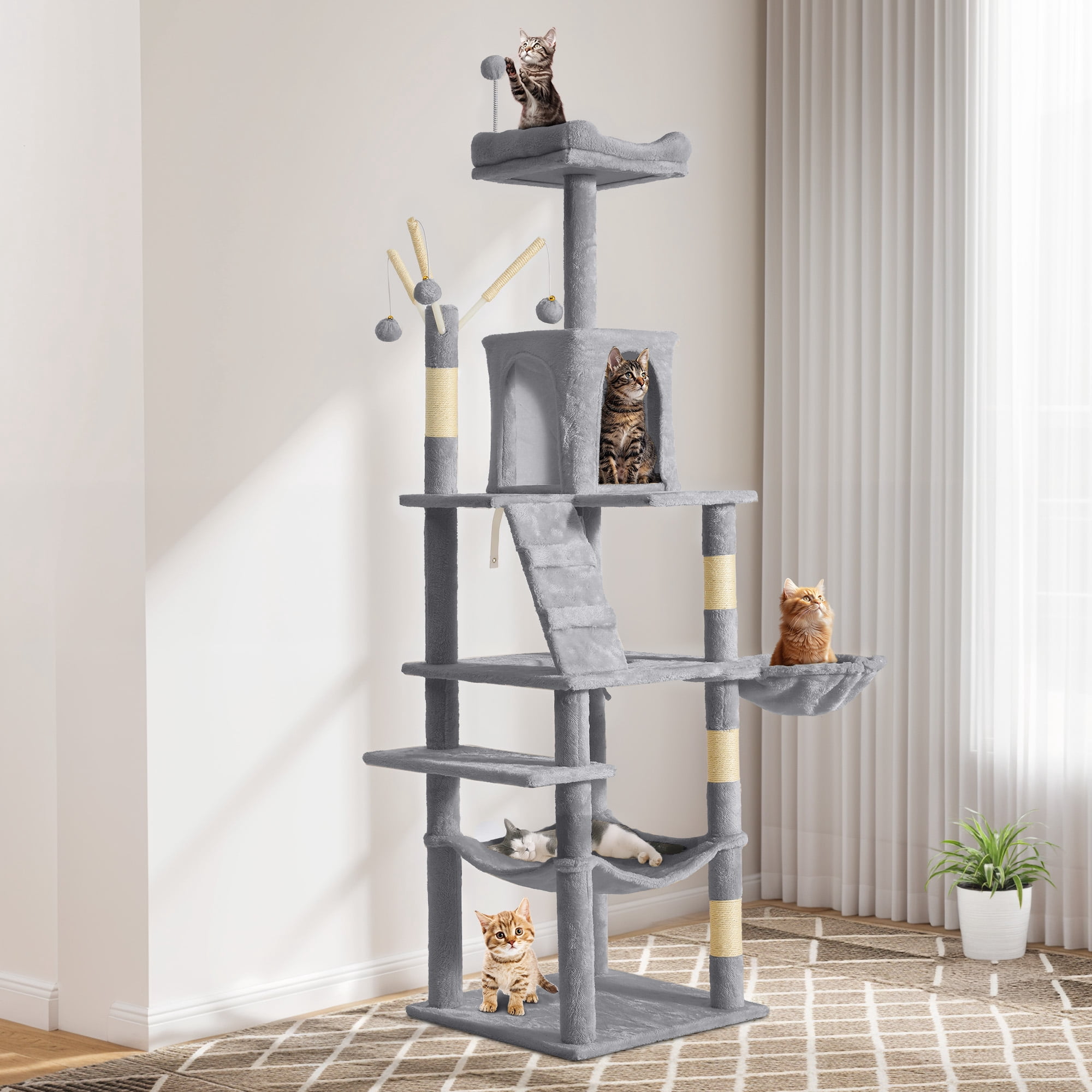 Uforic 64.5" Cat Tree Tower,Multi-Level Play Tower Condo  with Scratching Posts&Perch Hammock for Indoor Cats, Light Gray