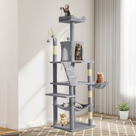 Uforic 64.5" Cat Tree Tower,Multi-Level Play Tower Condo with Scratching Posts&Perch Hammock for Indoor Cats, Light Gray