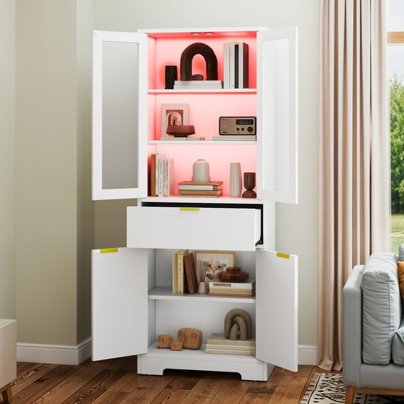 Uforic 65" Bookcase with Drawers & Doors, Tall Storage Cabinet with Adjustable Shelves, Display Bookshelves, White