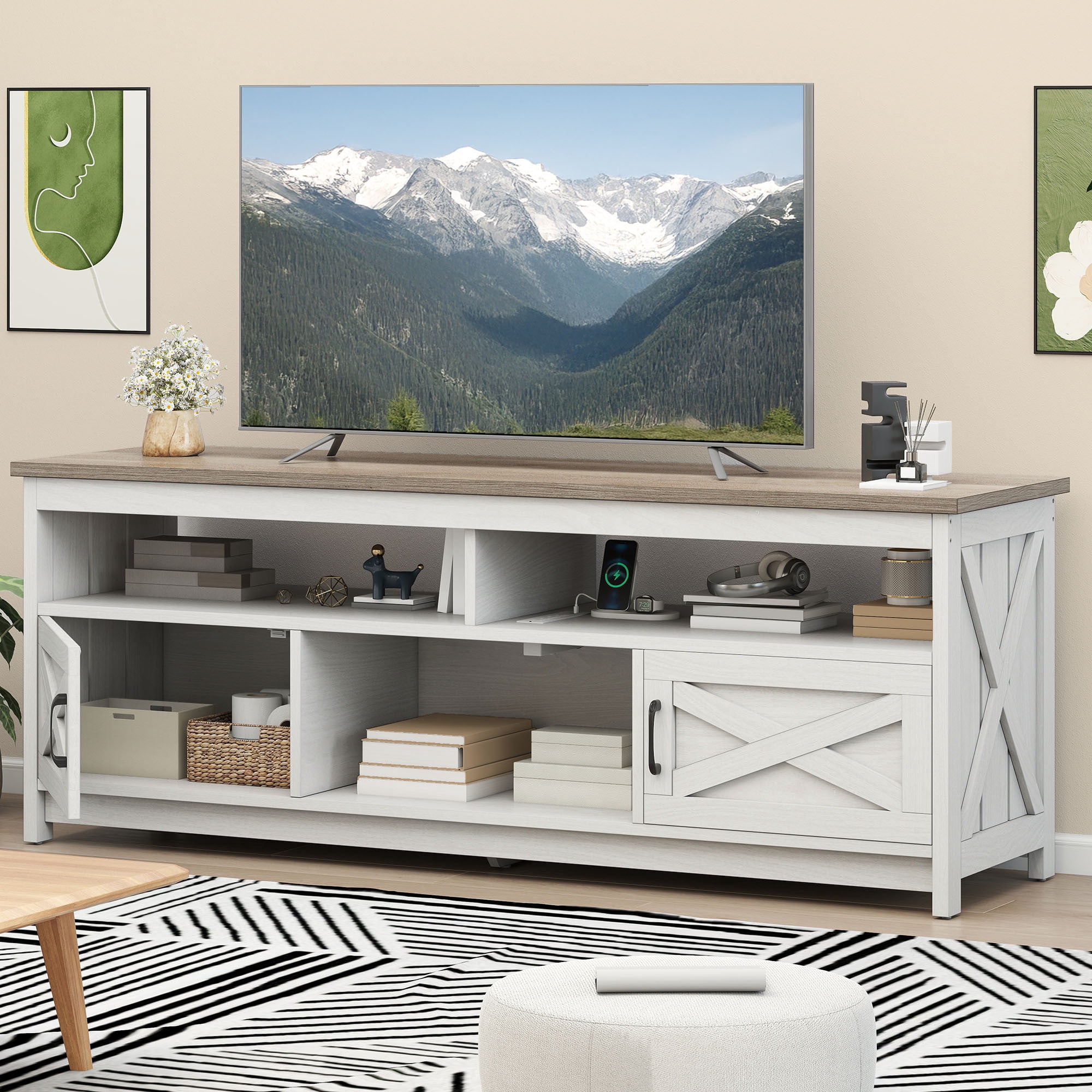 Uforic 65 Inch Farmhouse TV Stand Fits 70/75 Inch Flat Screen TV with RGB Ambient Light, Cable Holes, Built-in Power Station & Multi Storage Space for Living Room, Beige+White