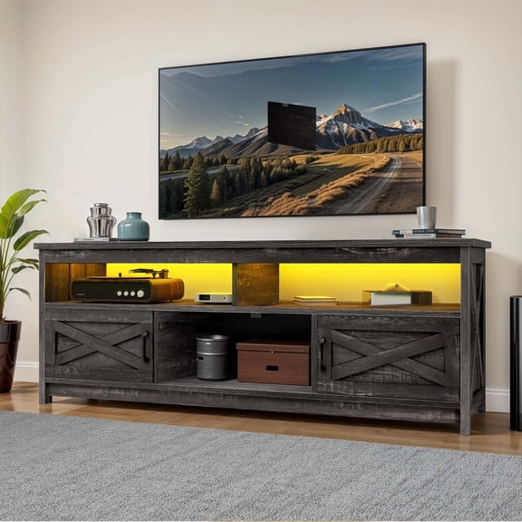 Uforic 65 Inch Farmhouse TV Stand Fits 70/75 Inch Flat Screen TV with RGB Ambient Light, Cable Holes, Built-in Power Station & Multi Storage Space for Living Room, Dark Grey