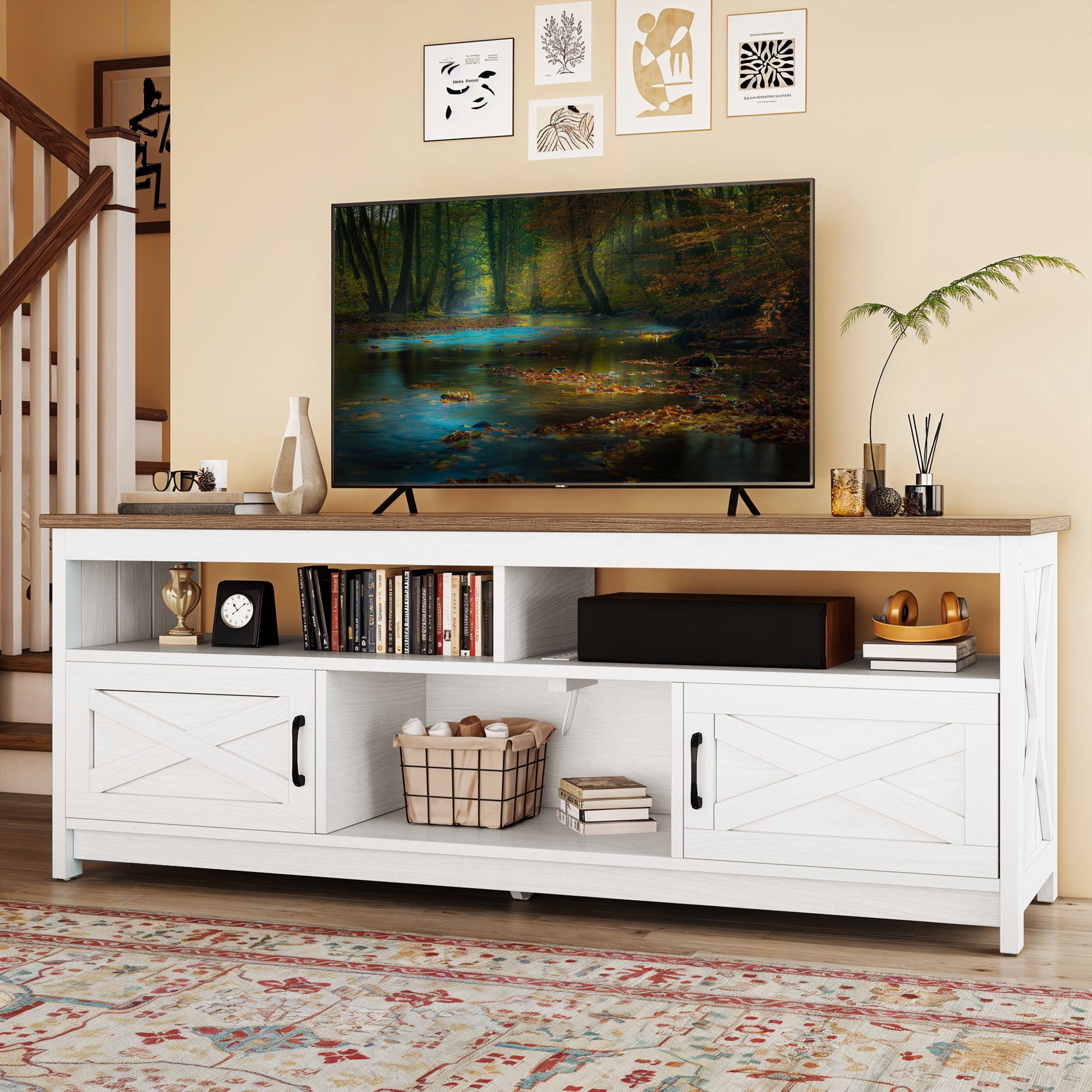 Uforic 65 Inch Farmhouse TV Stand Fits 70/75 Inch Flat Screen TV with RGB Ambient Light, Cable Holes, Built-in Power Station & Multi Storage Space for Living Room, Beige+White