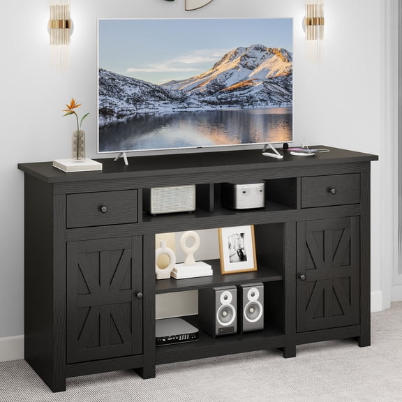 Uforic 65 Inch Farmhouse TV Stand with Built-in Charging Station, 2 Drawers & Adjustable Shelves for Living Room Bedroom, Black