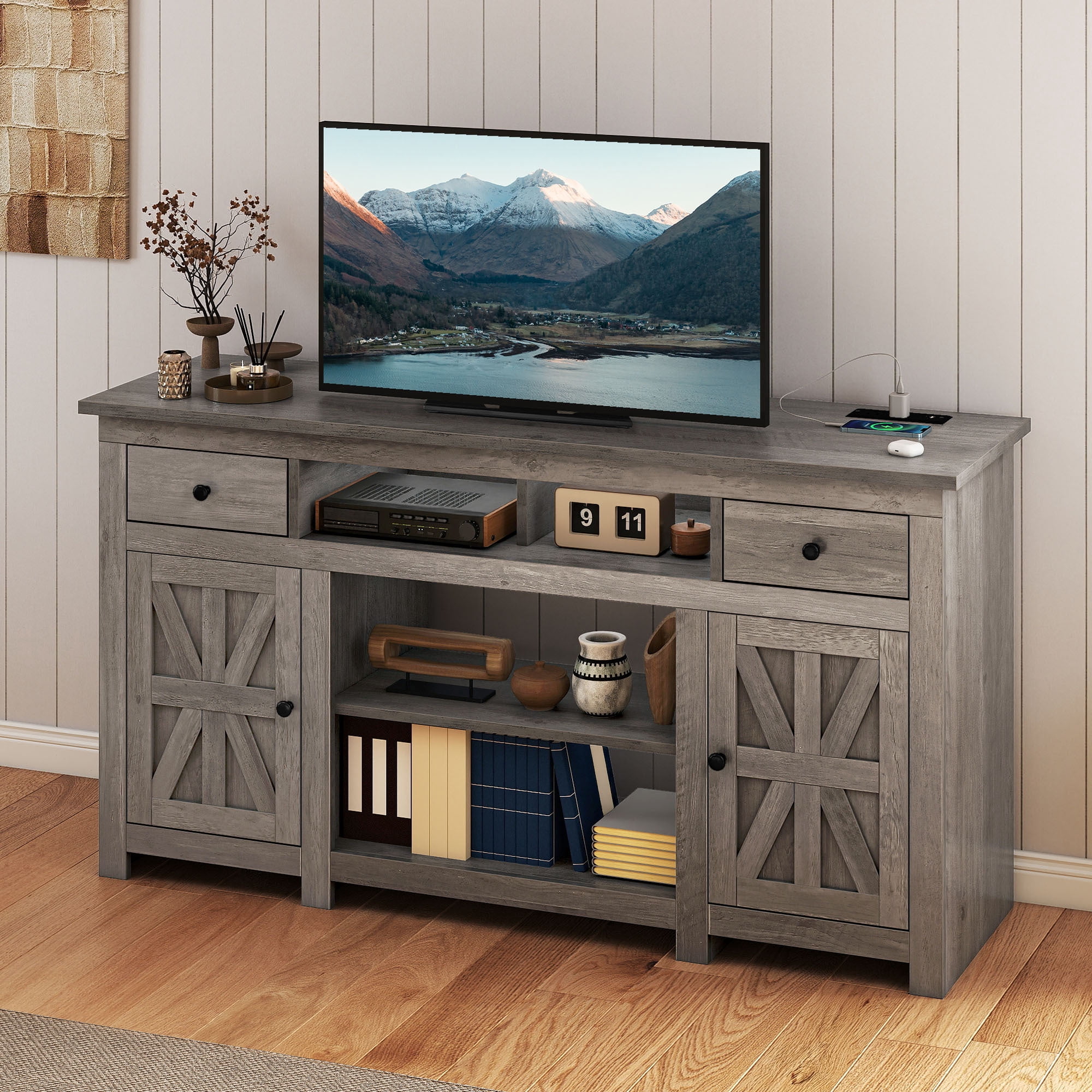Uforic 65 Inch Farmhouse TV Stand with Built-in Charging Station, 2 Drawers & Adjustable Shelves for Living Room Bedroom, Gray