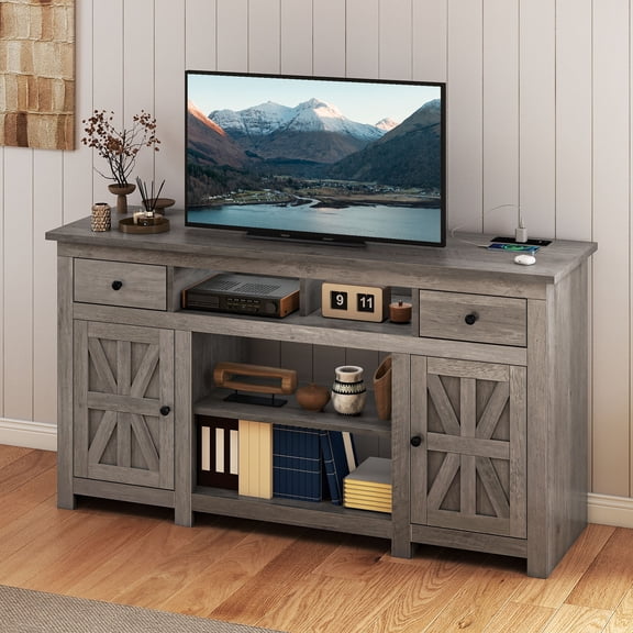 Uforic 65 Inch Farmhouse TV Stand with Built-in Charging Station, 2 Drawers & Adjustable Shelves for Living Room Bedroom, Gray