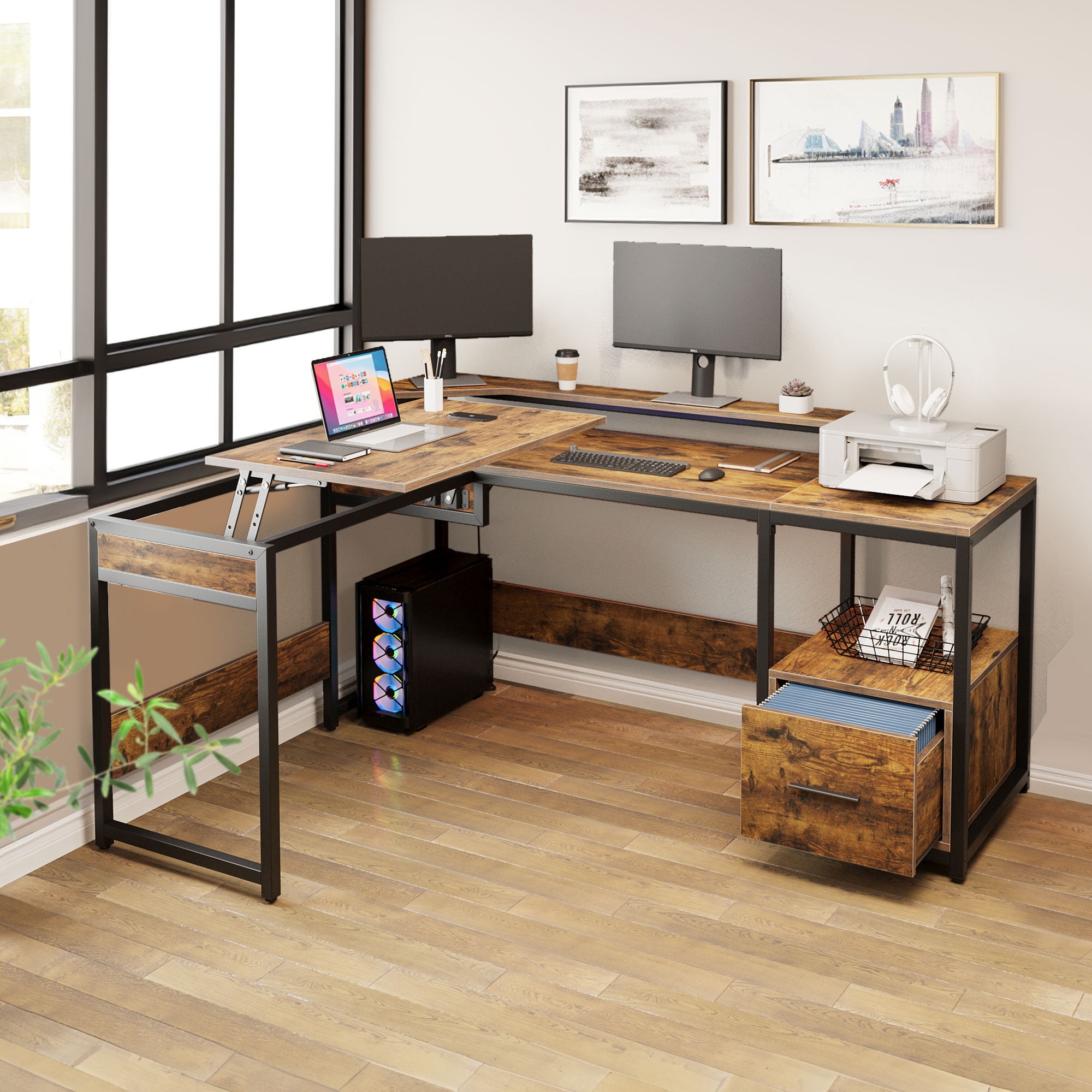 Uforic 65" L Shaped Desk with Lift Top & Monitor Stand, Computer Desk with File Drawer, Corner Desk Office Desk Executive Desk with Storage Shelves for Home Office, Brown