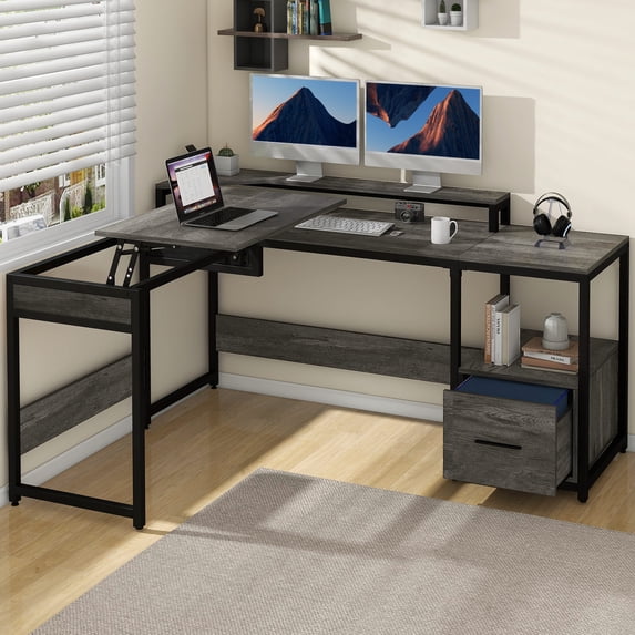 Uforic 65" L Shaped Desk with Lift Top & Monitor Stand, Computer Desk with File Drawer, Corner Desk Office Desk Executive Desk with Storage Shelves for Home Office, Gray