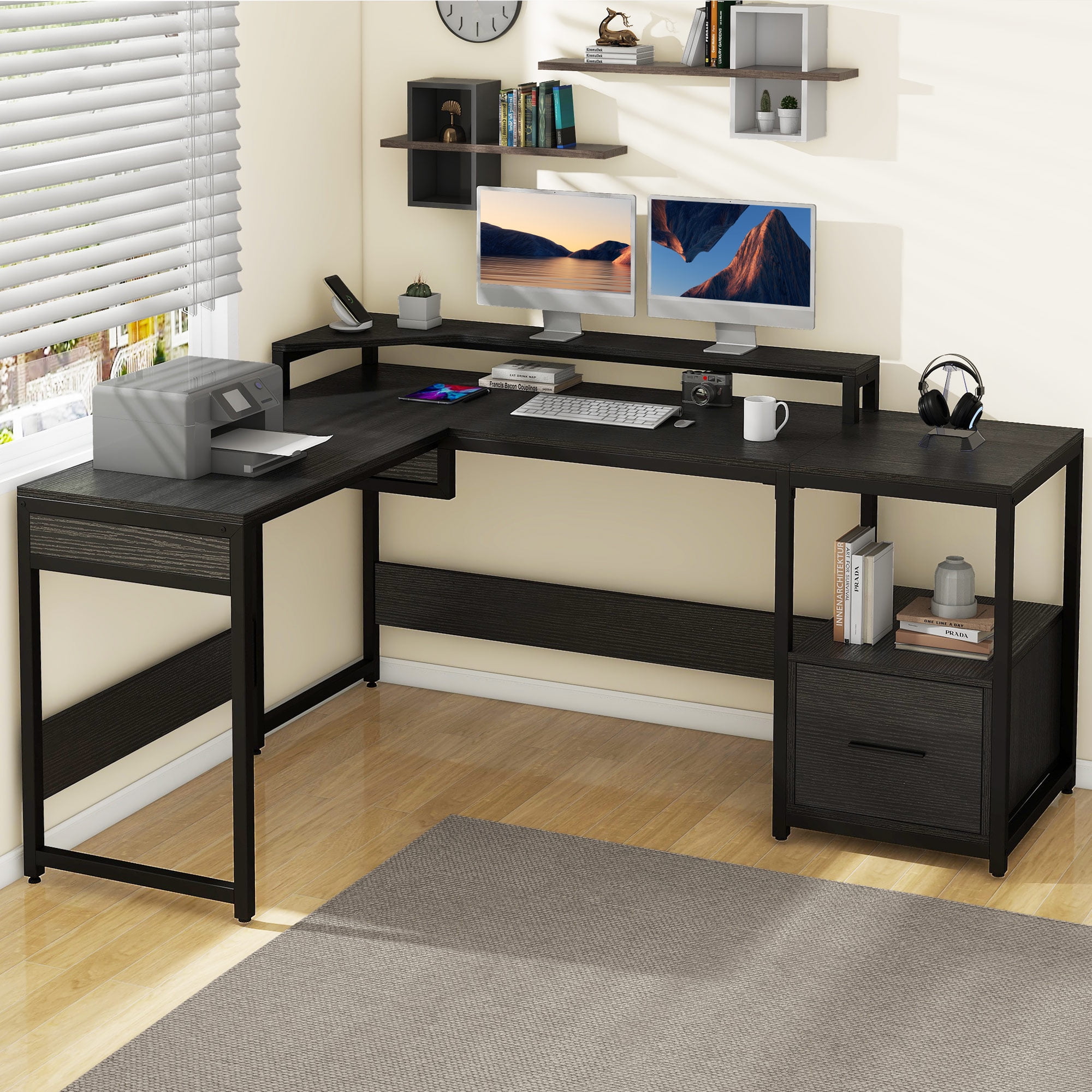 Uforic 65 L Shaped Desk with Lift Top Monitor Stand Computer Desk with File Drawer Corner Desk Office Desk Executive Desk with Storage Shelves for Home Office Black Walmart