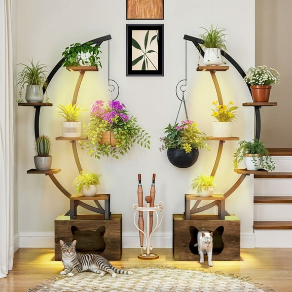 Uforic 65" Plant Stands Indoors with Grow Lights, Half Moon Metal Storge Shelf,Multiple Pots Metal Flower Stands with Cat Litter Box