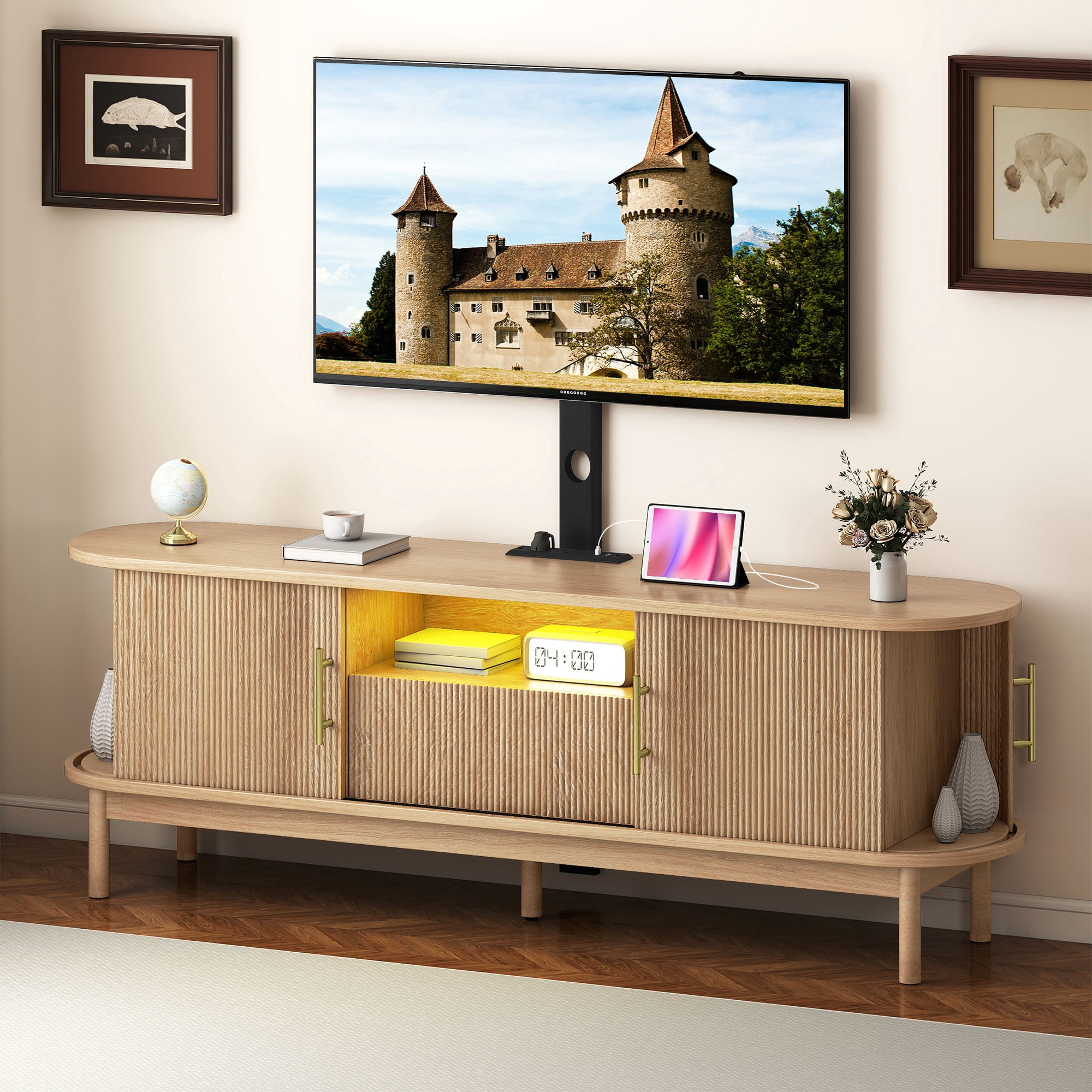 Uforic 65" TV Stand with Mount for 32-75" TVs, Height Adjustable Fluted Entertainment Center, Oak