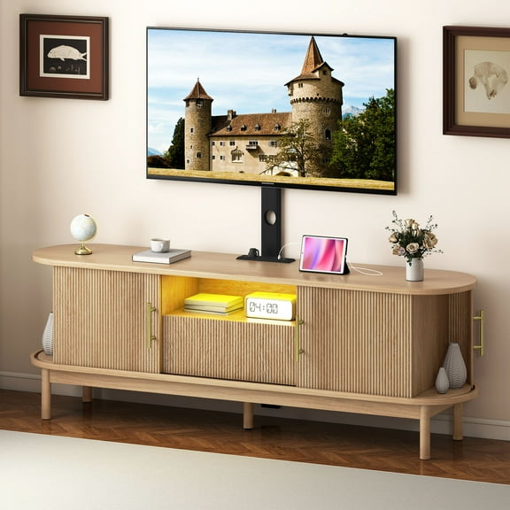 Uforic 65" TV Stand with Mount for 32-75" TVs, Height Adjustable Fluted Entertainment Center, Oak