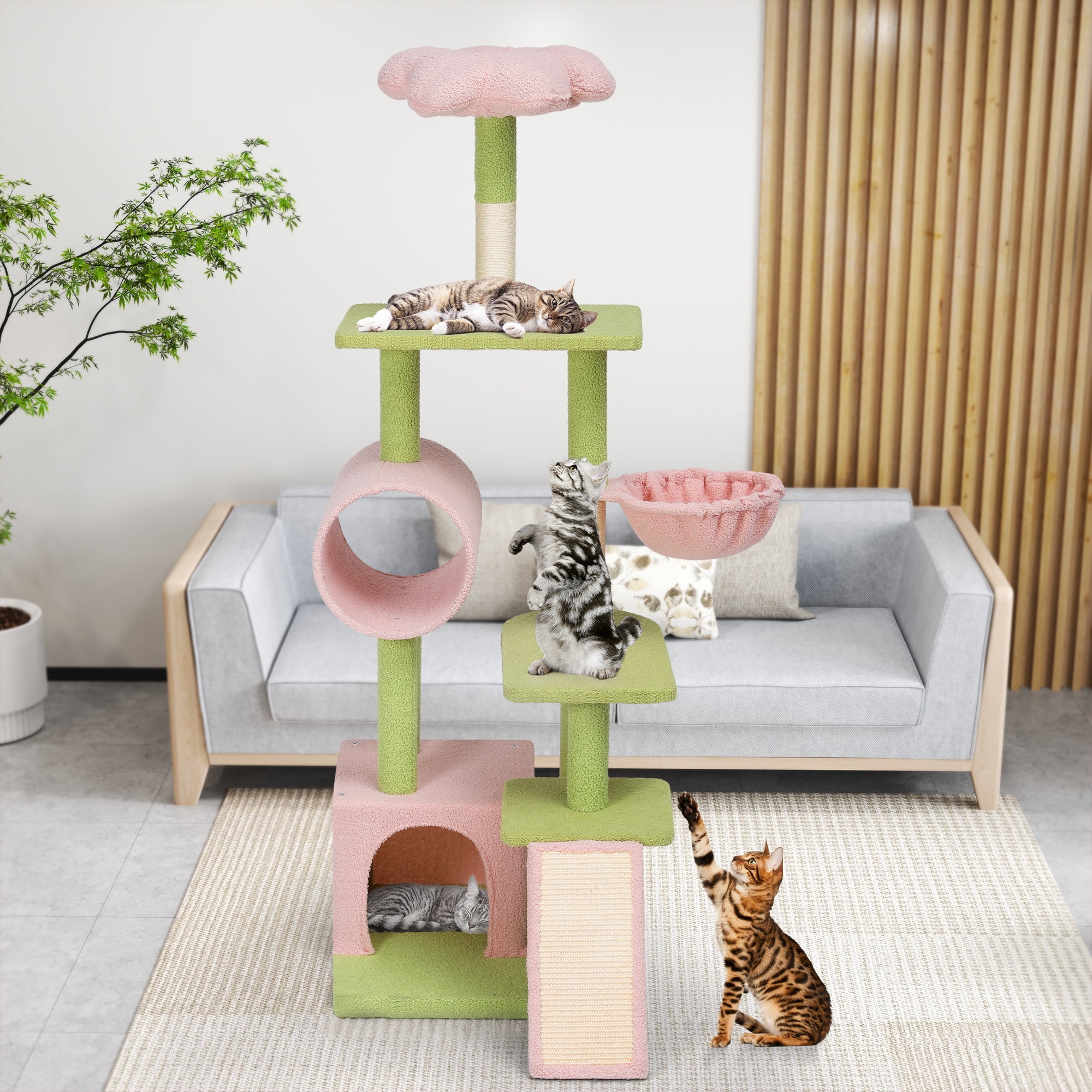 Uforic 65" Tall Flower Cat Tree Tower, Indoor Cute Cat Climbing Tower with Cat Condo, Basket, Tunnel, Cute Sisal Scratching Posts and Board, Pink & Green