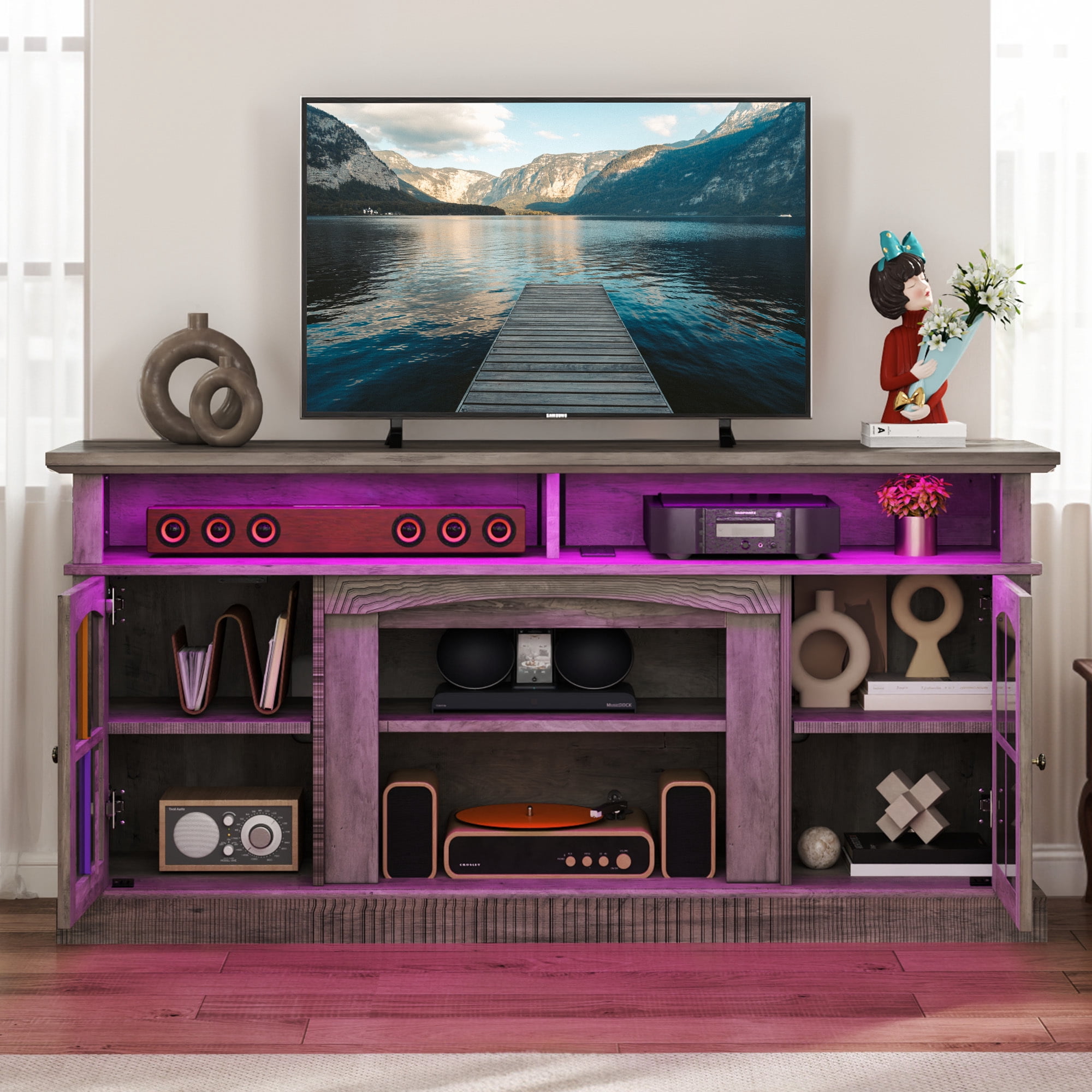 Uforic 66" Farmhouse TV Stand with LED Lights & Power Outlets, Tempered Glass Doors, Adjustable Shelves for Living Room for 75" TV, Grey