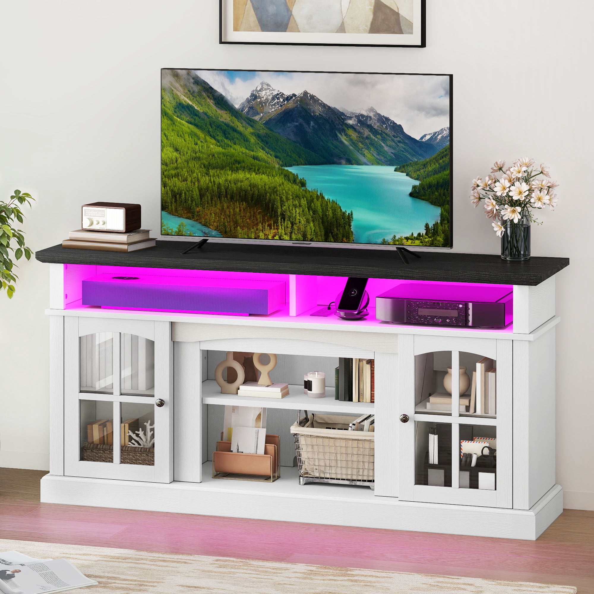 Uforic 66" Farmhouse TV Stand with LED Lights & Power Outlets, Tempered Glass Doors, Adjustable Shelves for Living Room for 75" TV, White