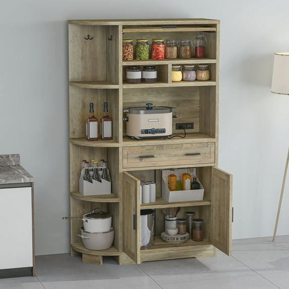 Uforic 67"H Pantry Storage Cabinet with Power Outlets, Kitchen Cabinet with Doors & Drawer, Ash Gray
