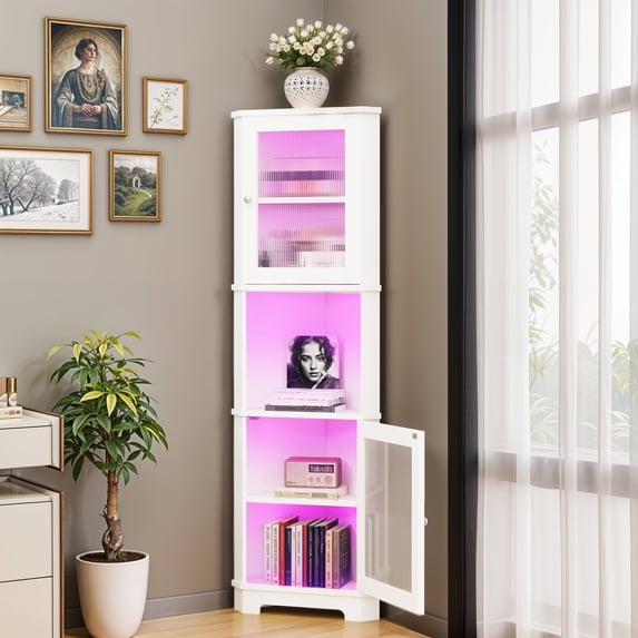 Uforic 67"Tall Corner Storage Cabinet with Door & LED Light, 5 Tier Corner Bookcase Cabinet, White
