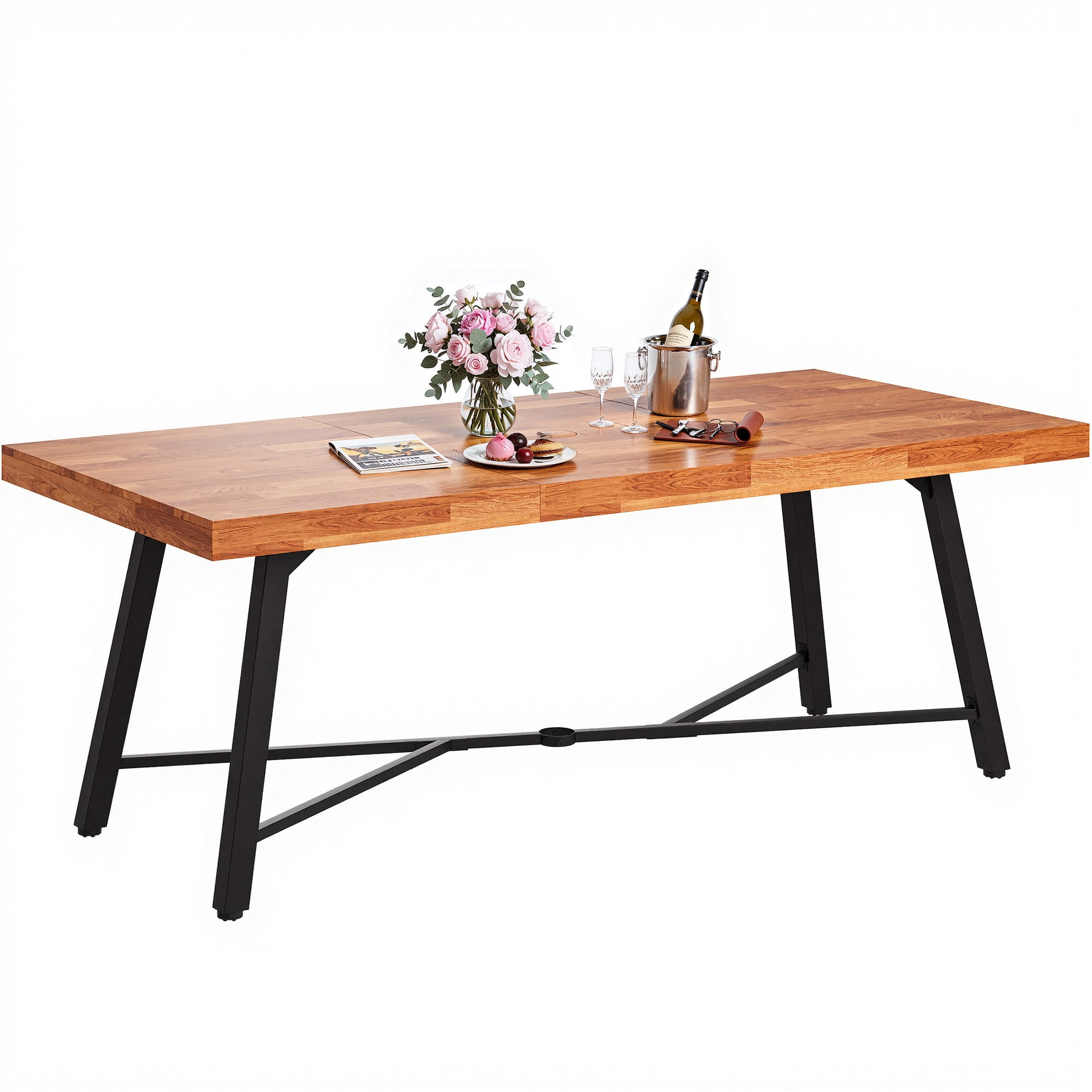 Uforic 68.9" Acacia Wood Dining Table, Rustic Rectangular Table with Metal Legs, 6-Seater Heavy Duty Indoor & Outdoor Table for Patio, Backyard and Dining Room, 500 LBS Max Load