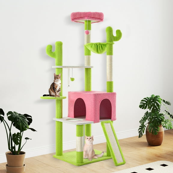Uforic 68"  Tall Cactus Cat Tree, Multi-Level Large Indoor Cat Tower with Sisal Post, Hanging Balls, Green & Pink